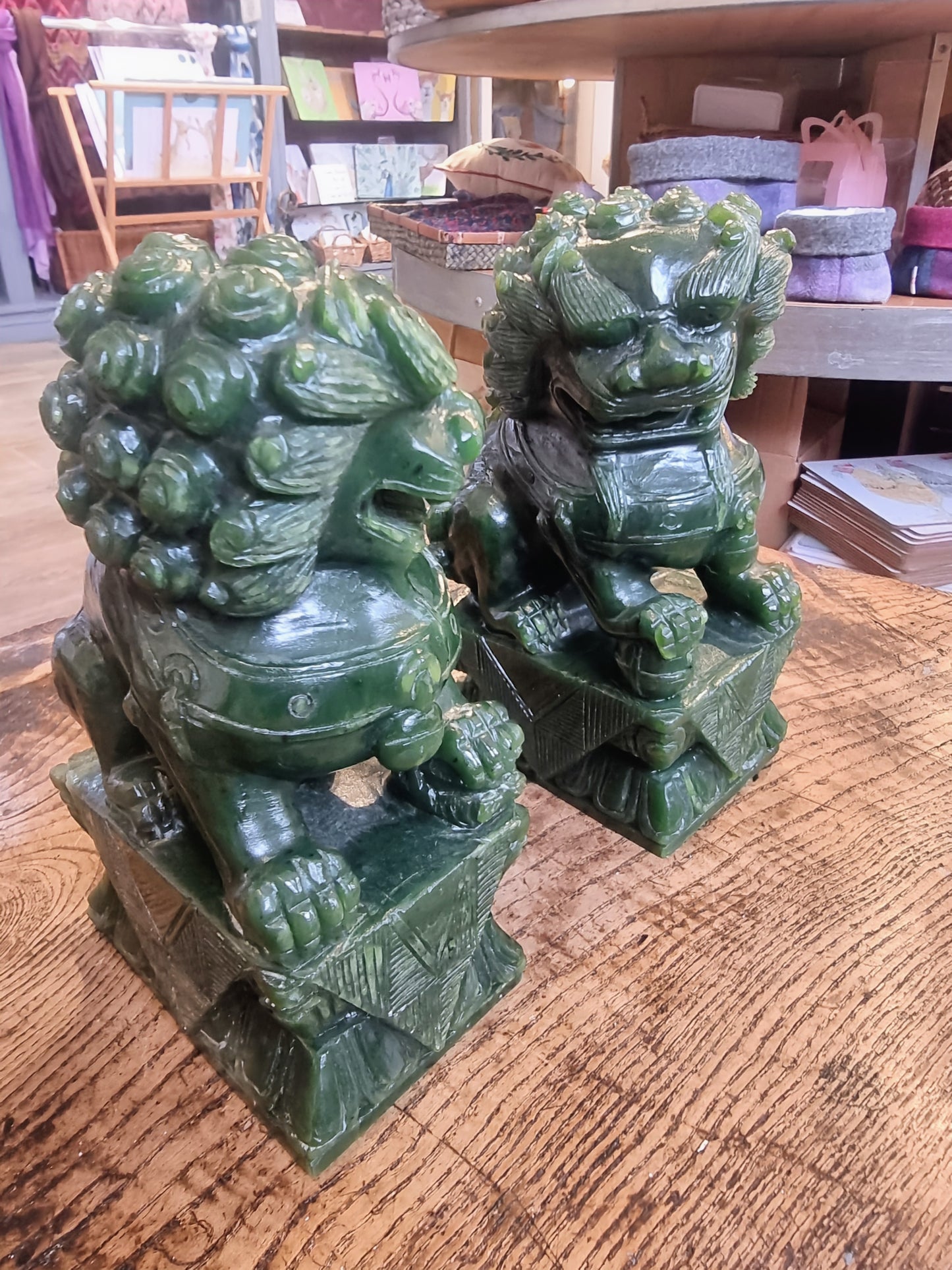 Genuine Nephrite Jade Guardian Lions (Matched Pair) – 15cm