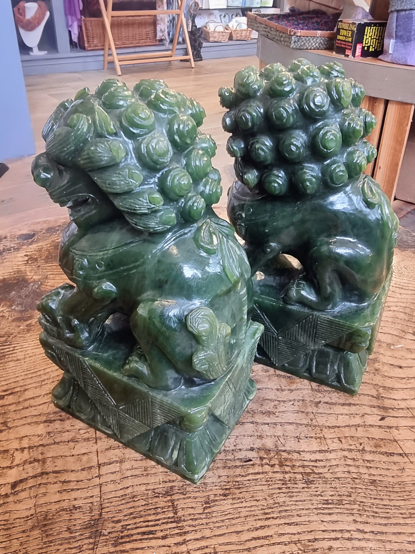 Genuine Nephrite Jade Guardian Lions (Matched Pair) – 15cm