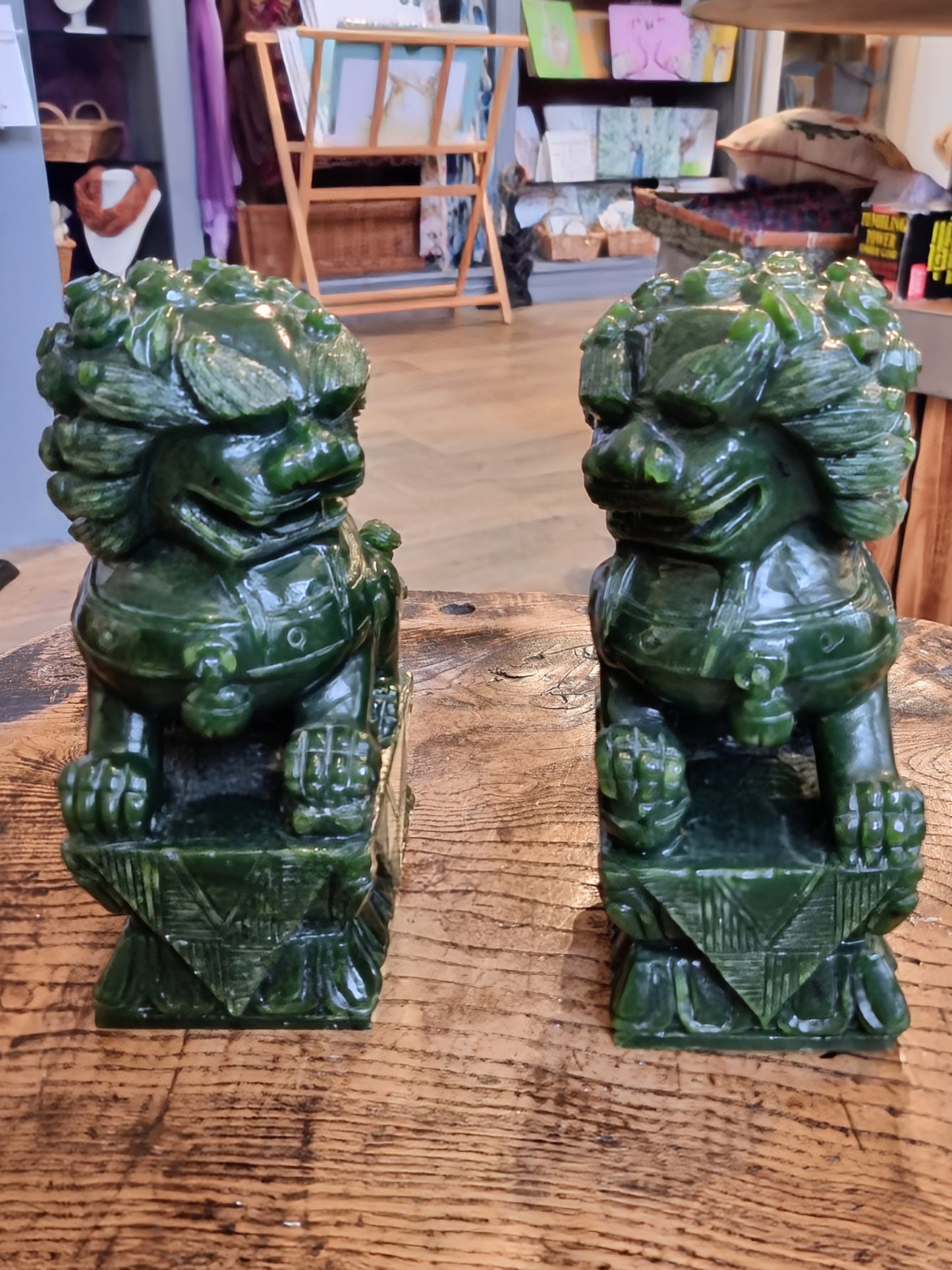 Genuine Nephrite Jade Guardian Lions (Matched Pair) – 15cm